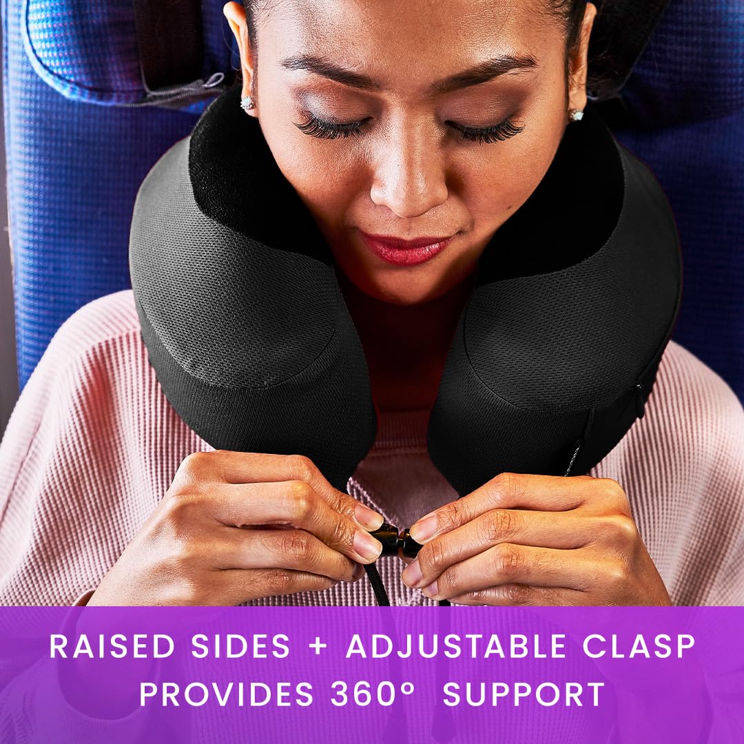 Cabeau Evolution S3 chin clasp helps maintain posture during travel.