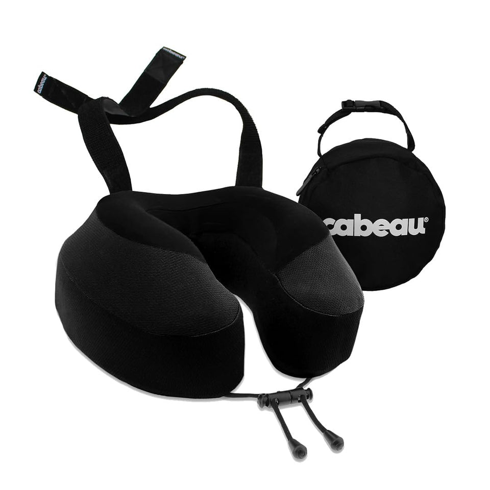 Cabeau Evolution S3 compact travel pillow in its carry case demonstrating portable comfort.