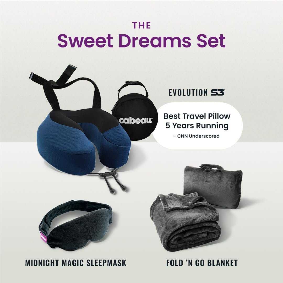Cabeau Evolution S3 indigo travel pillow for comfortable sleep on planes.
