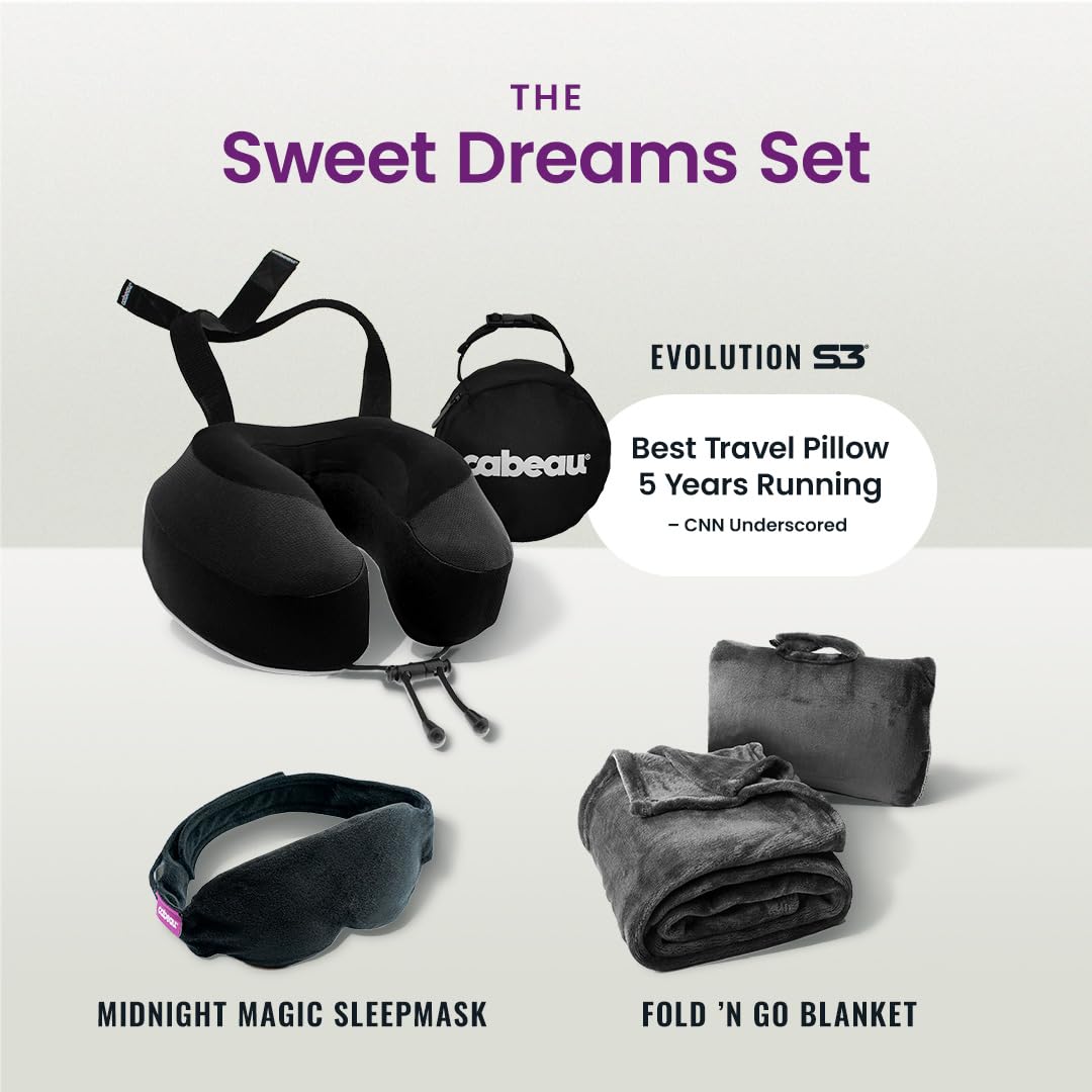 Cabeau Evolution S3 on airplane enables deep, uninterrupted rest.