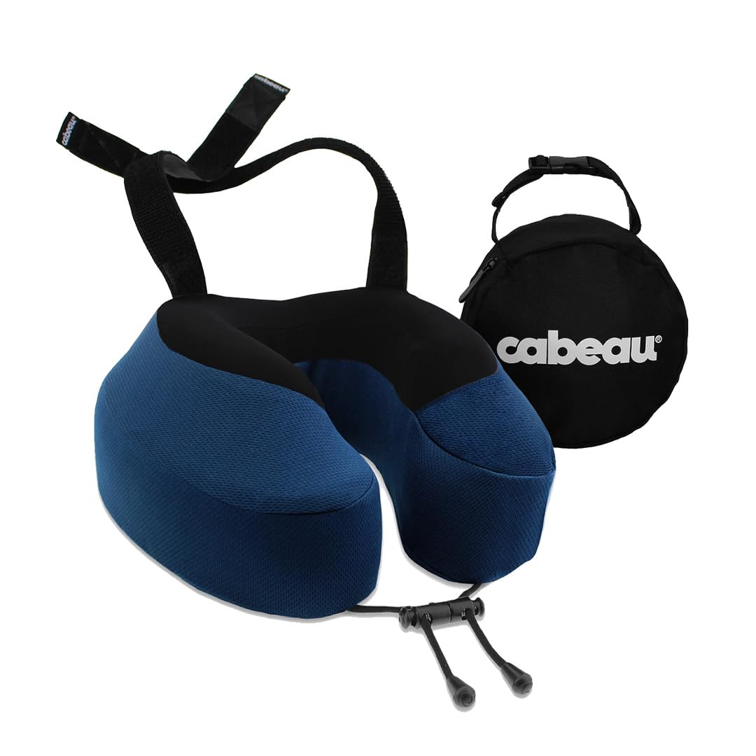 Cabeau Evolution S3 travel pillow cover in indigo offers comfortable neck support on long trips.