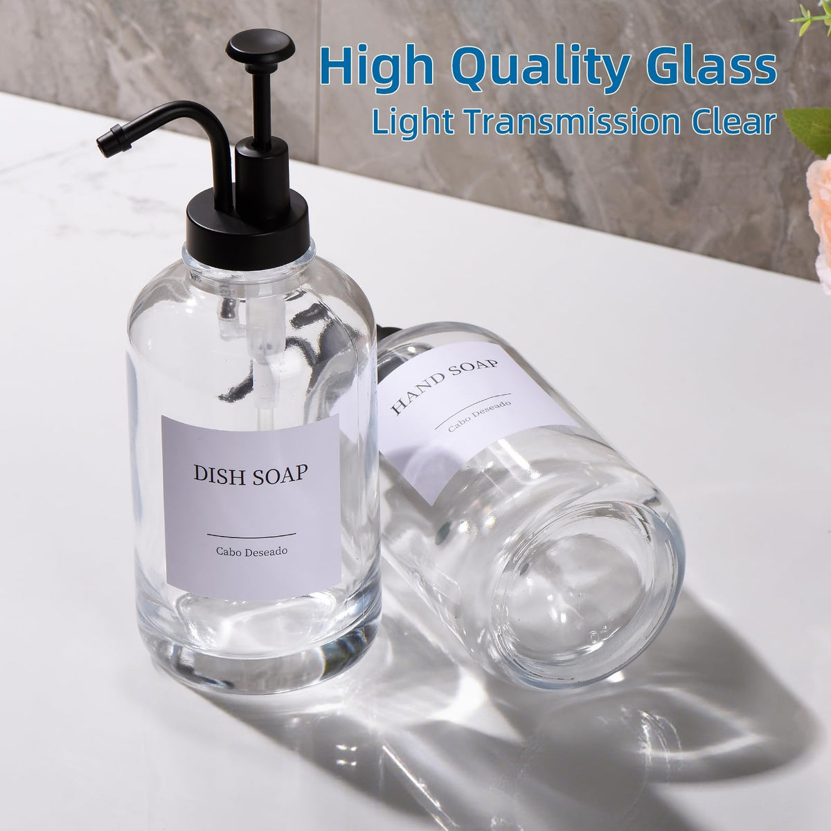 Cabo Deseado 18 oz capacity bottles for generous soap storage.