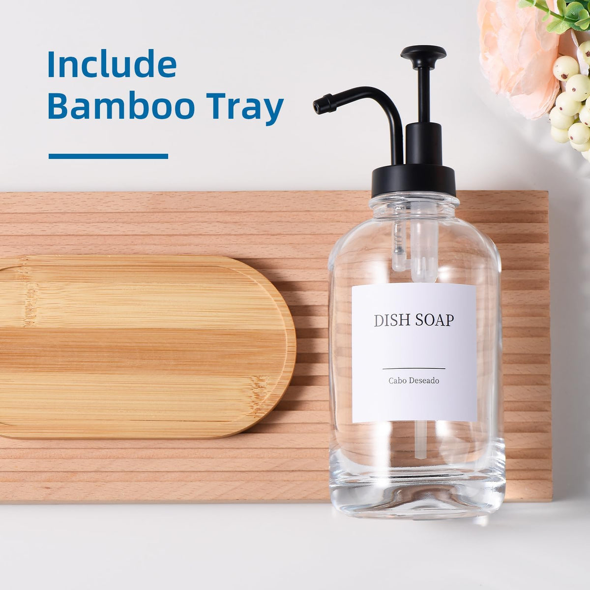 Cabo Deseado bamboo tray keeps countertops neat and cohesive.
