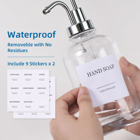 Cabo Deseado clear bottles with silver pumps for sleek storage.