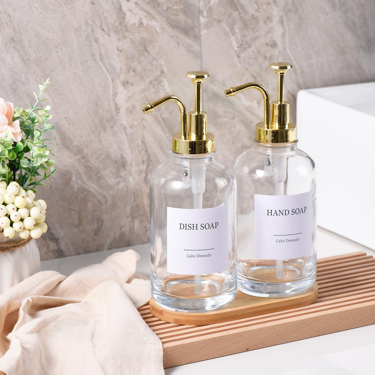 Cabo Deseado dish soap dispenser with labels keeps the kitchen organized and tidy.