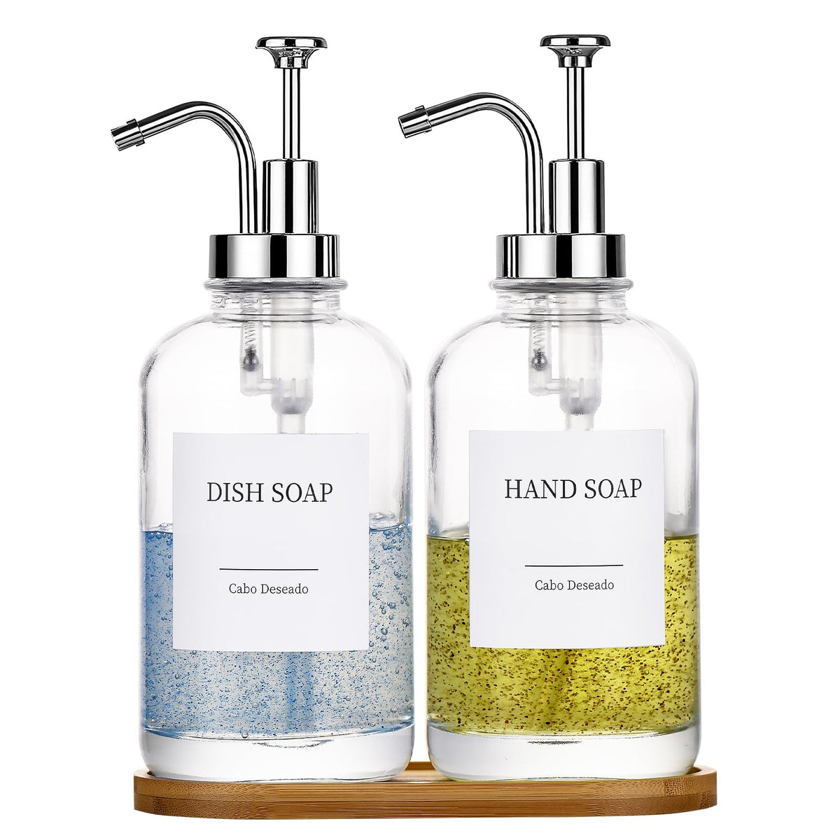 Cabo Deseado glass dispenser with pump for easy kitchen use.