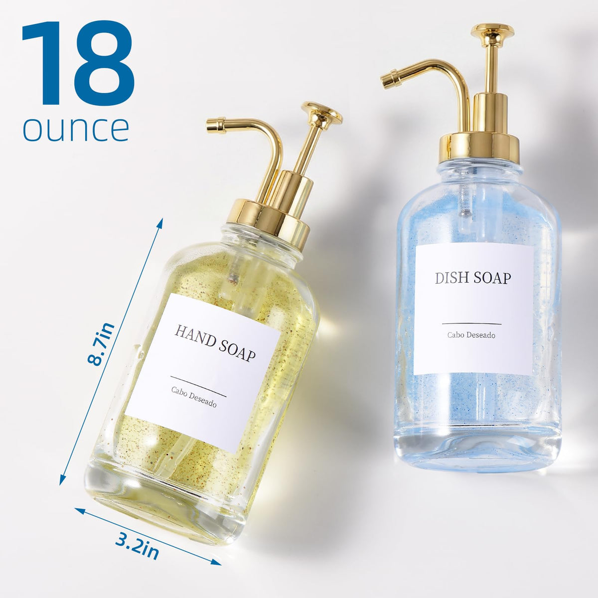 Cabo Deseado hand soap bottle adds a touch of sophistication to bathrooms.