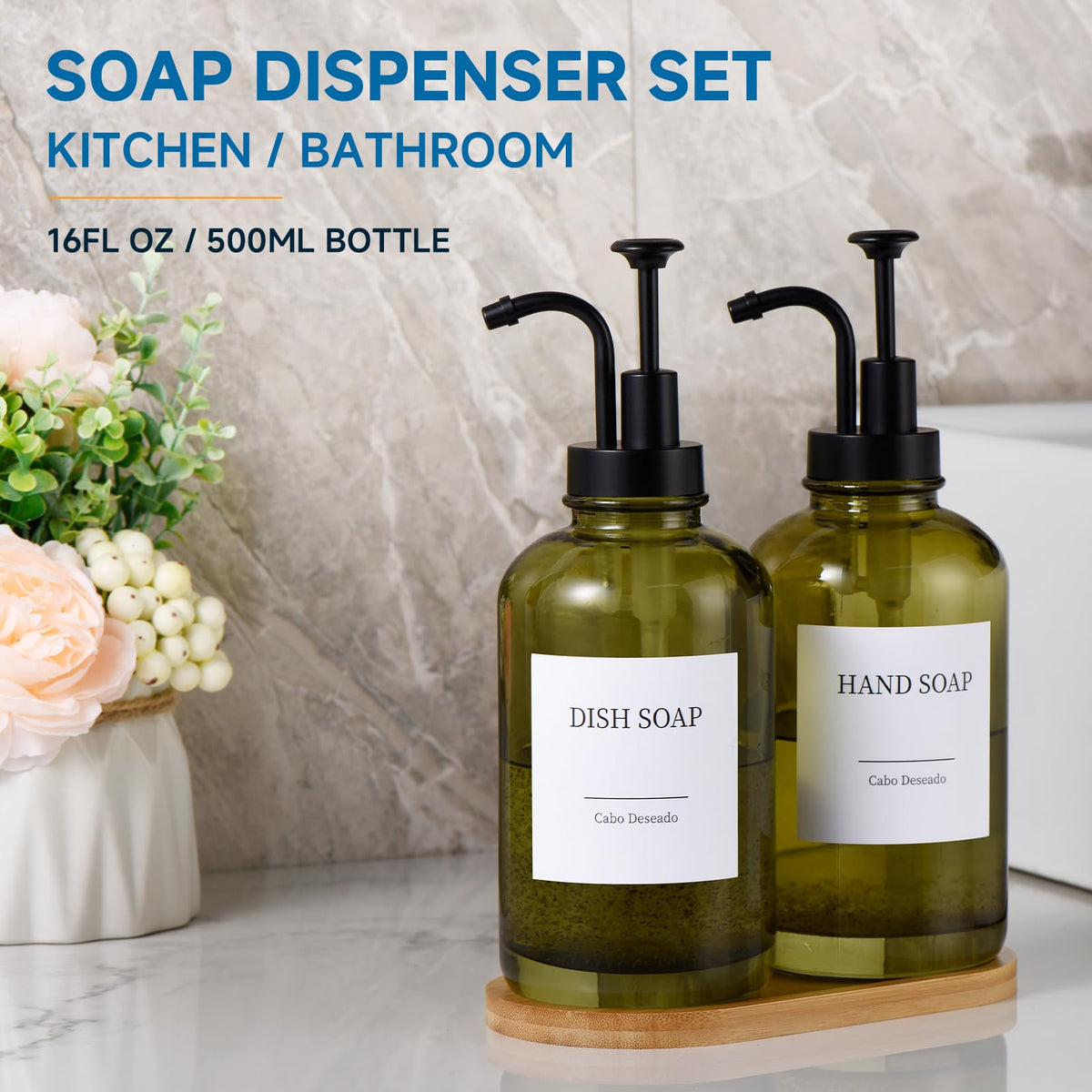 Cabo Deseado olive-green glass bottles designed for dish and hand soap