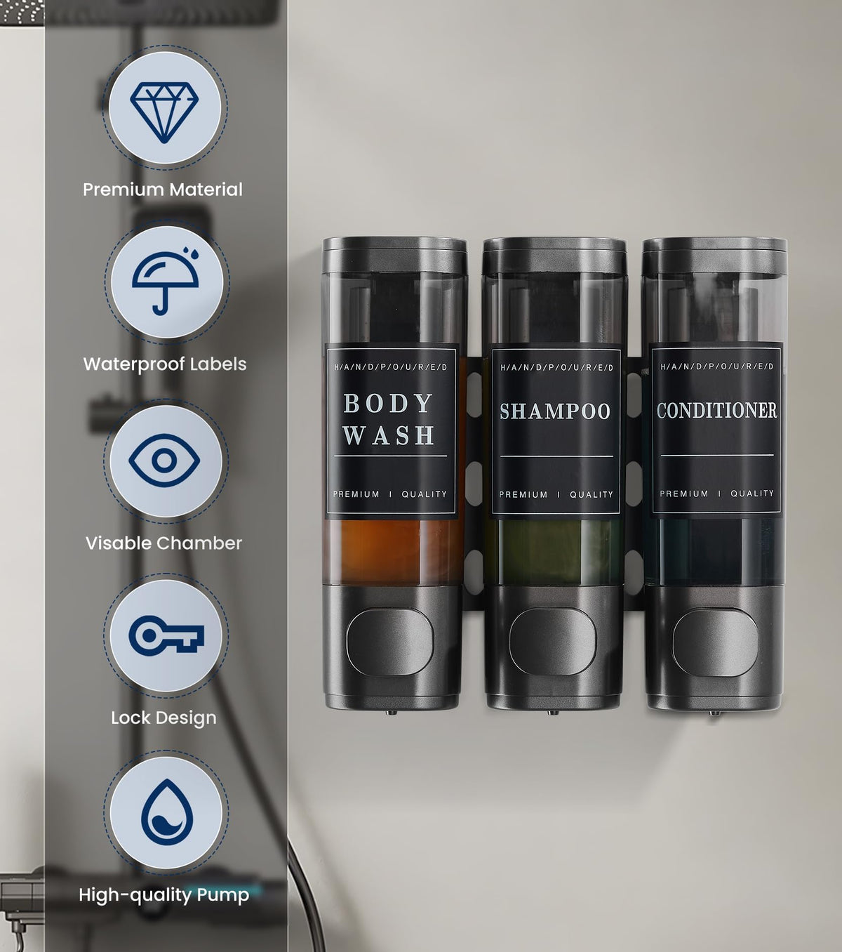 Cabo Deseado 3x300ml dispenser with large capacity for hotel or gym showers