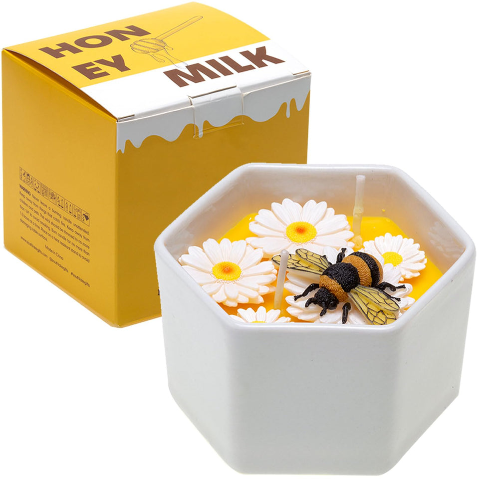 CabyGift honey-scented beeswax candle with bee and daisy design for a cozy, inviting ambience.