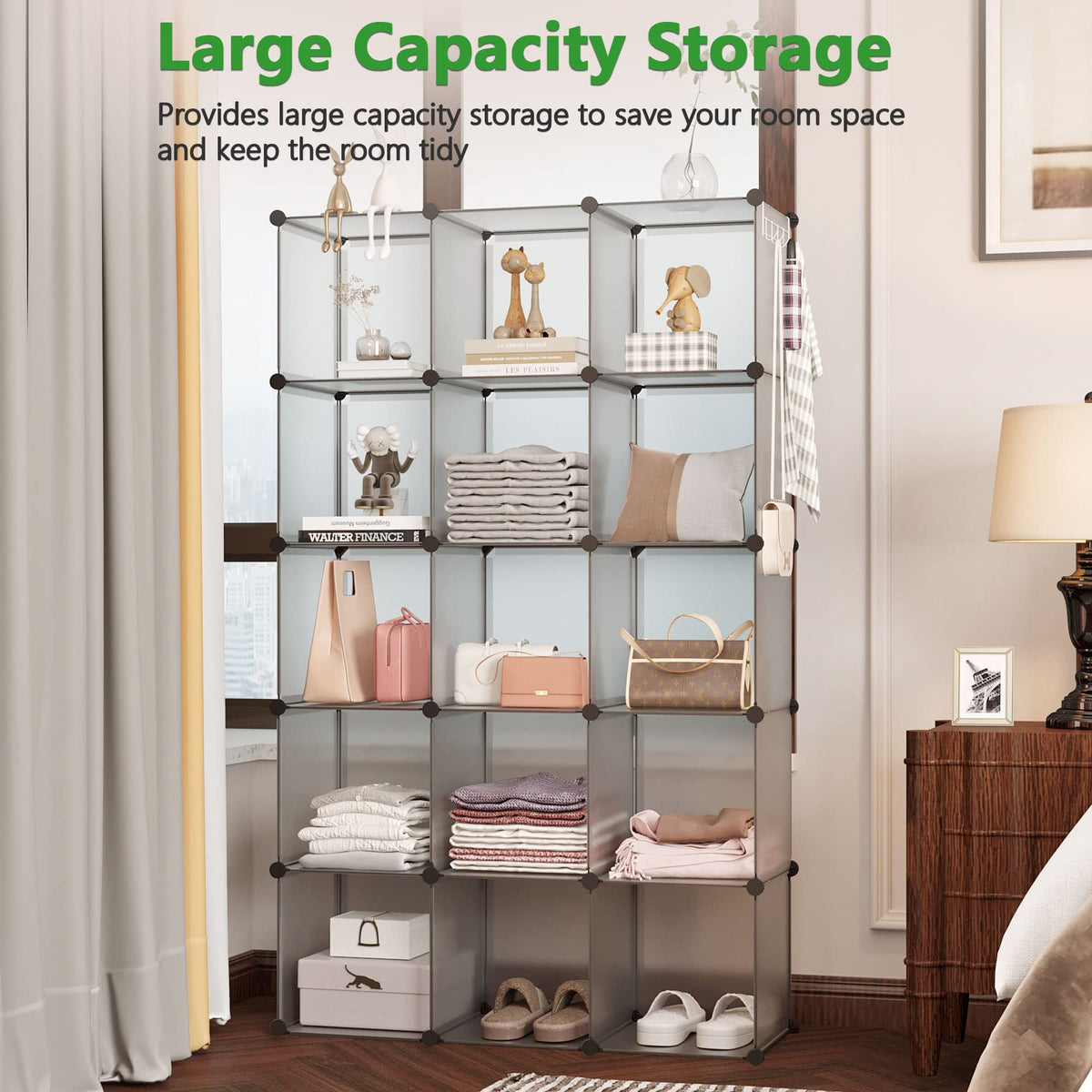 C&AHOME 16-cube unit holding books and decorative items.