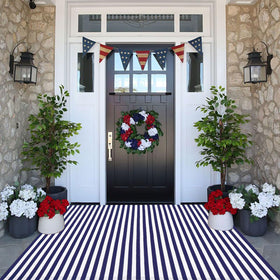 CAINANEL blue and white striped door mat adds patriotic curb appeal for the 3x5 entry.