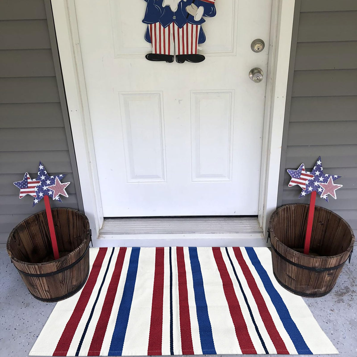 CAINANEL striped door mat complements farmhouse entrances with timeless Independence Day flair.