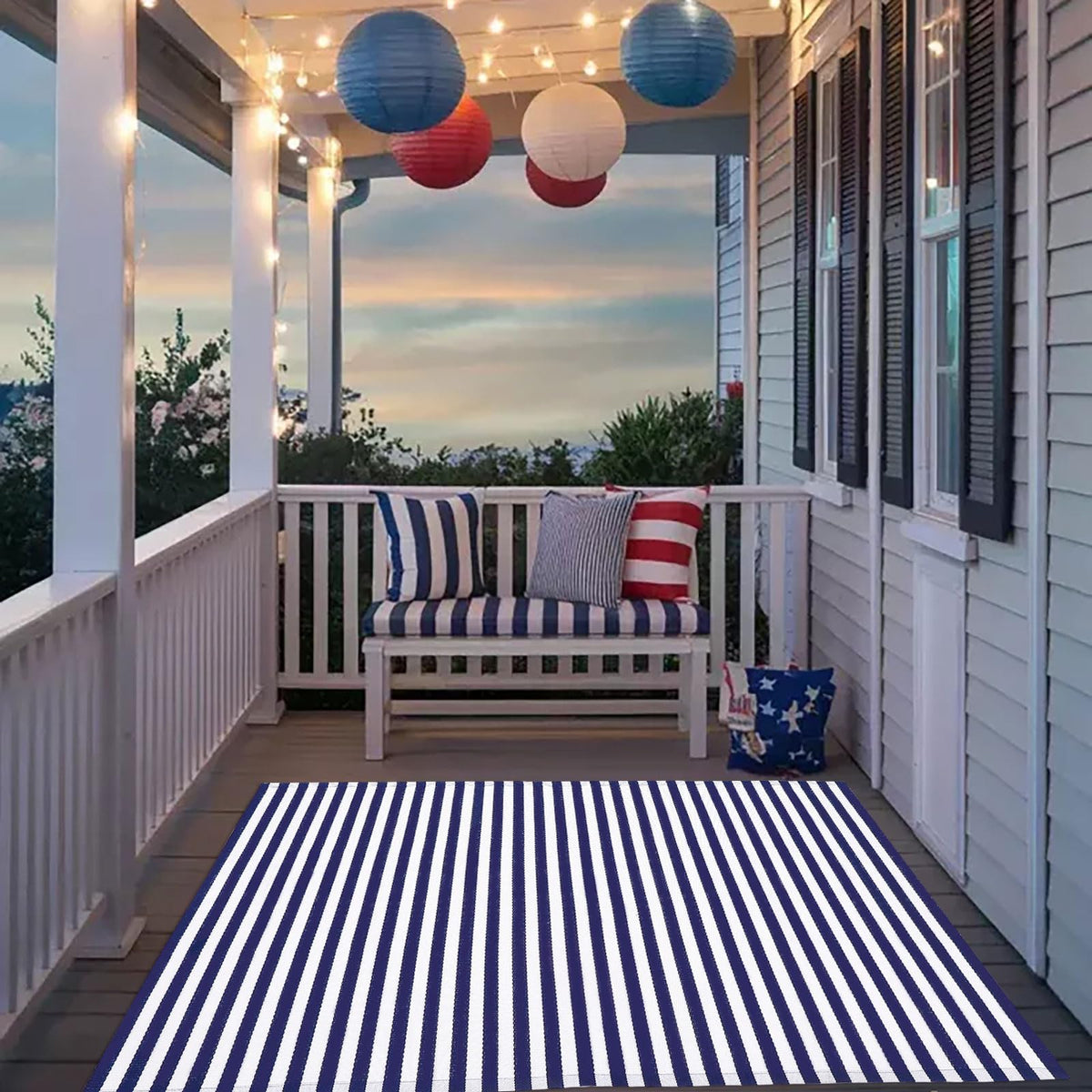 CAINANEL blue-white striped front door mat complements farmhouse and modern entrances.