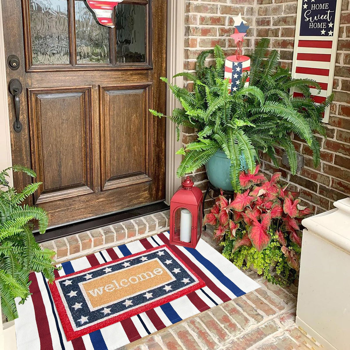 CAINANEL front porch rug bright stripes add festive curb appeal for outdoor or indoor use.