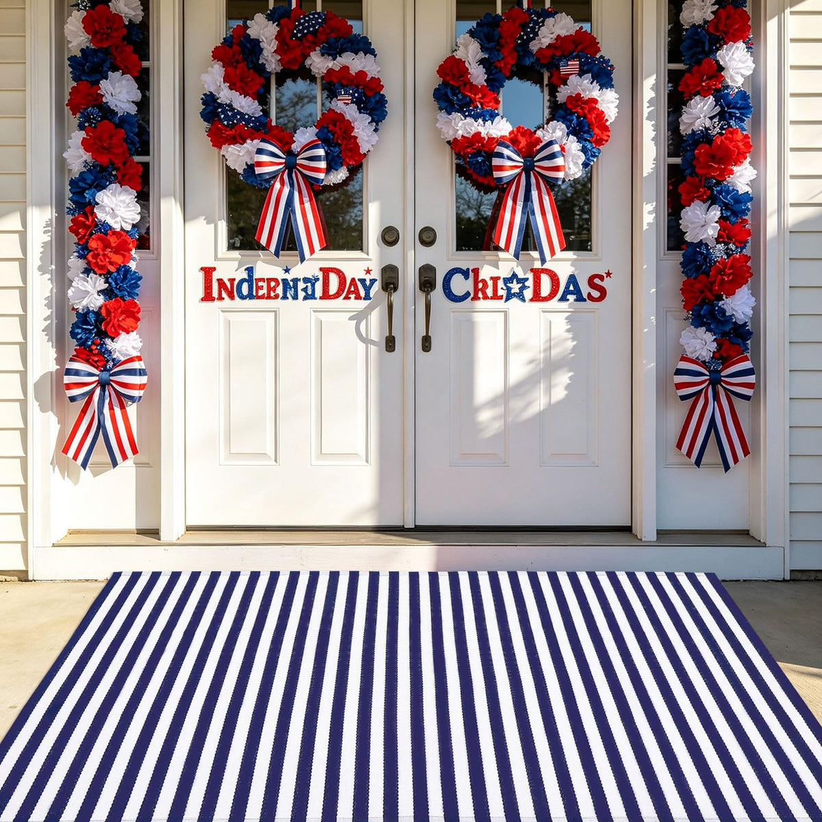 CAINANEL outdoor patio door mat in blue and white for covered porch use.