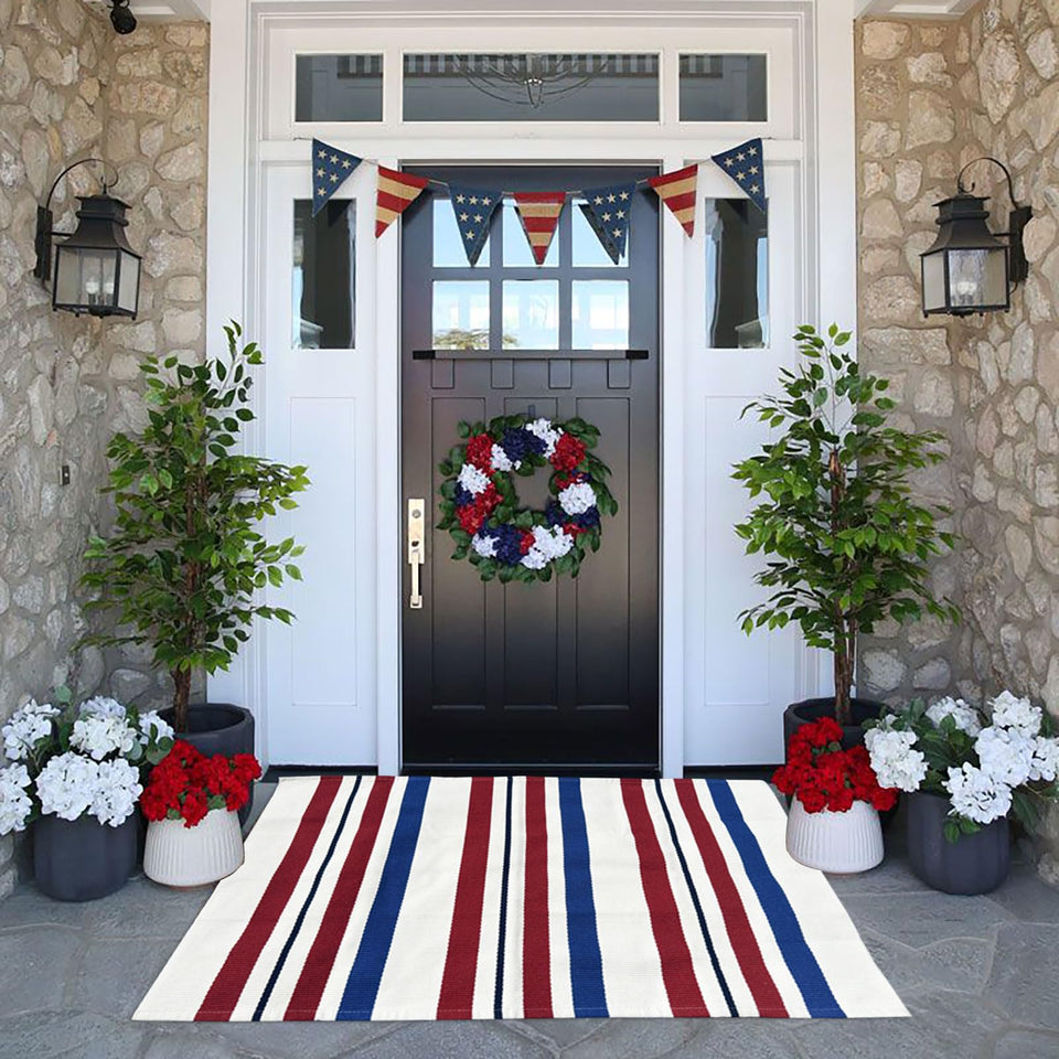CAINANEL patriotic door mat with blue-white-red stripes welcomes guests at Independence Day.