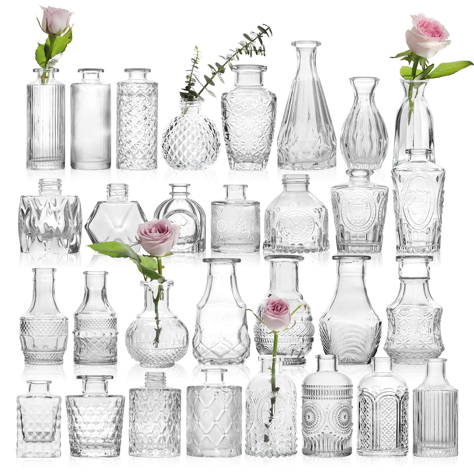 CAKKVDE vintage glass bud vase with etched floral pattern, perfect for elegant wedding centerpieces