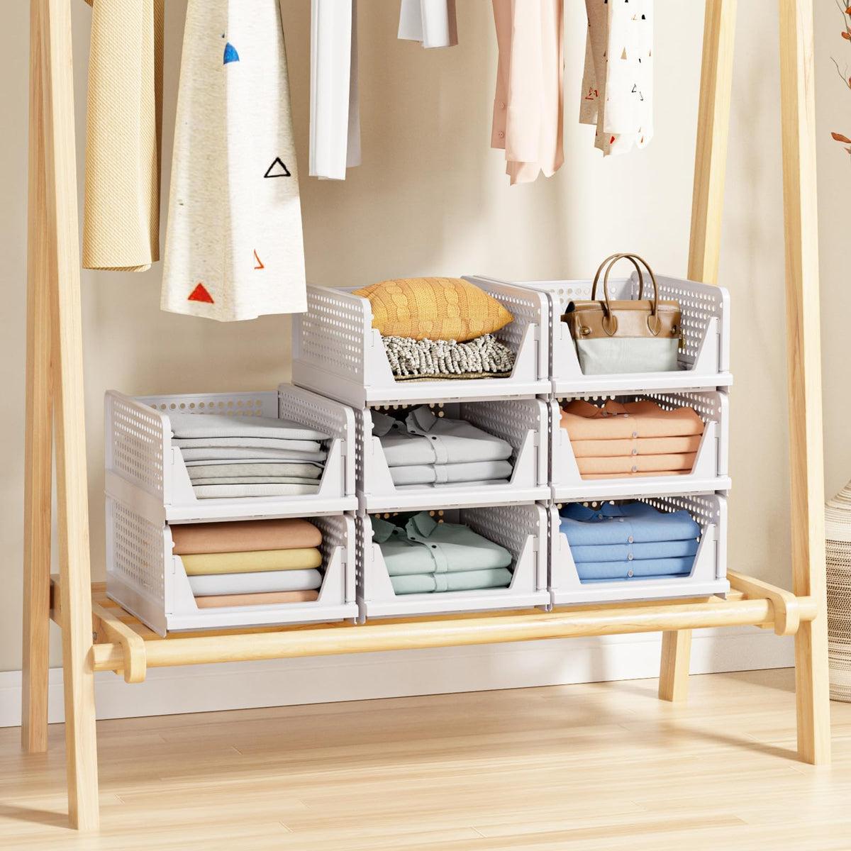 caktraie 5 Pack Stackable Closet Storage Basket doubles as space-saving drawer organizers.