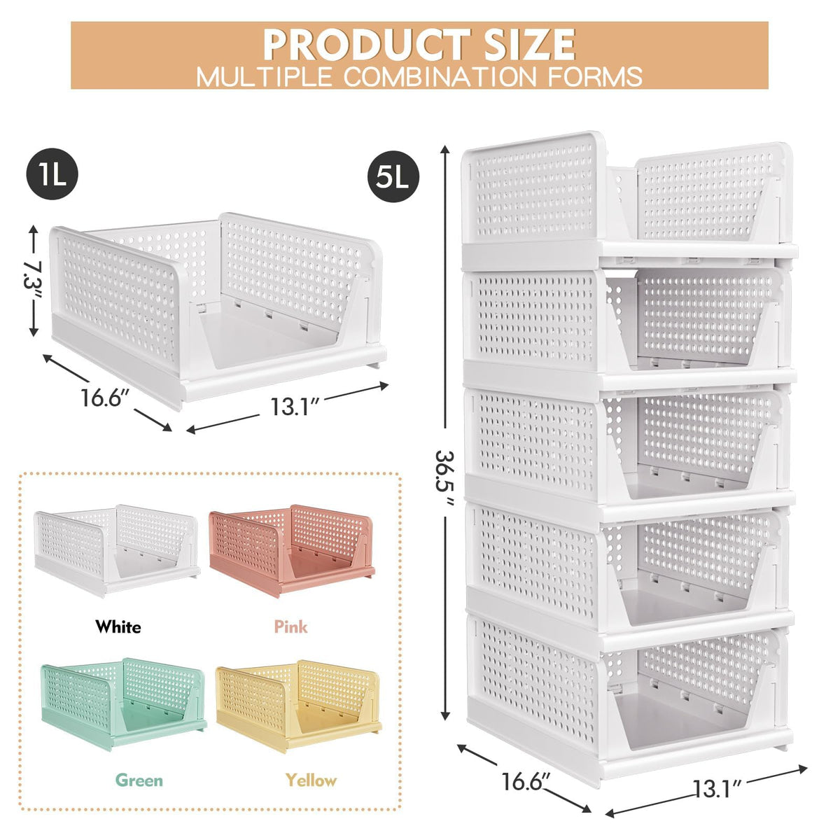 caktraie 5 Pack Stackable Closet Storage Basket folds flat for compact storage when not needed.