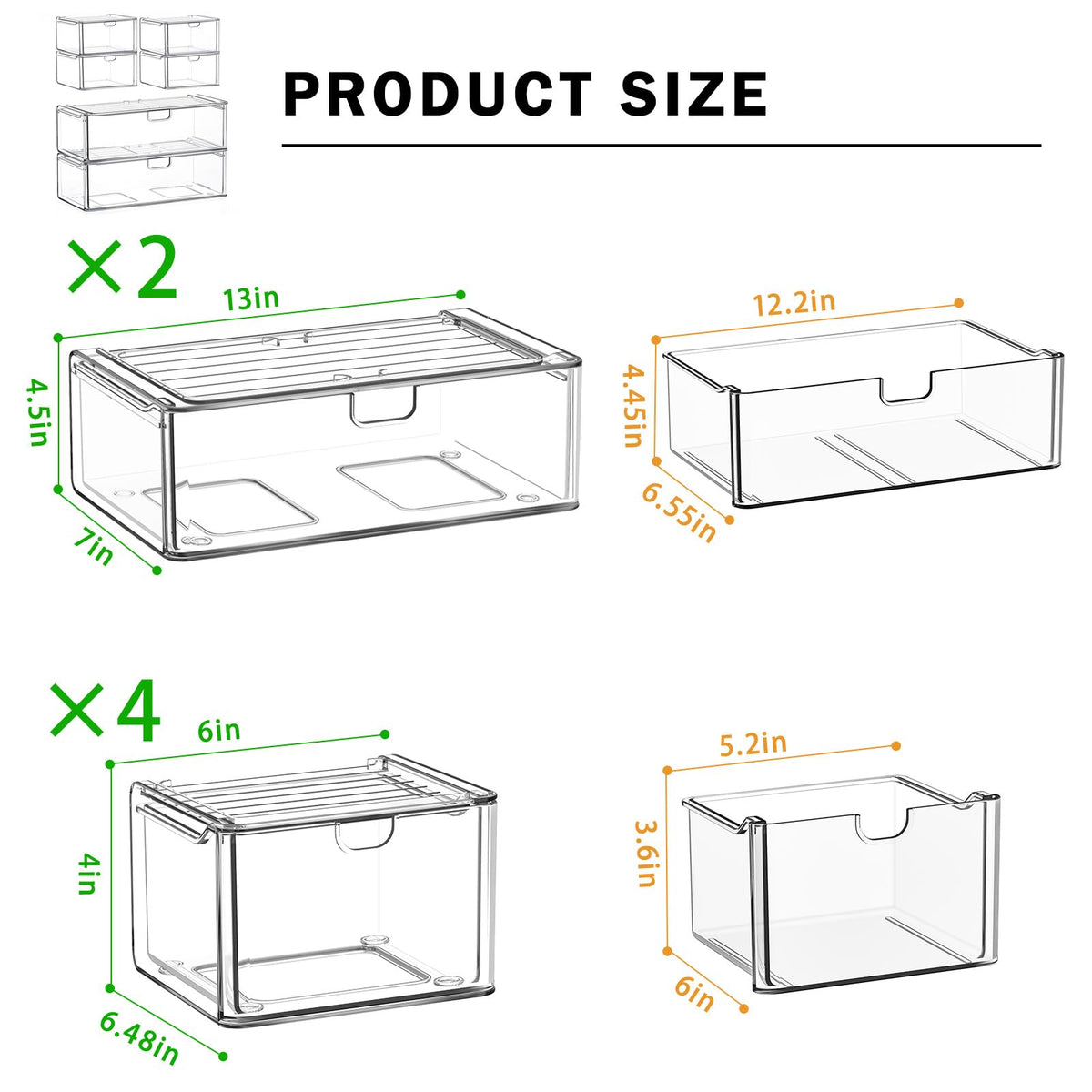 caktraie acrylic stackable drawers, large side view, space-saving vertical storage on shelf