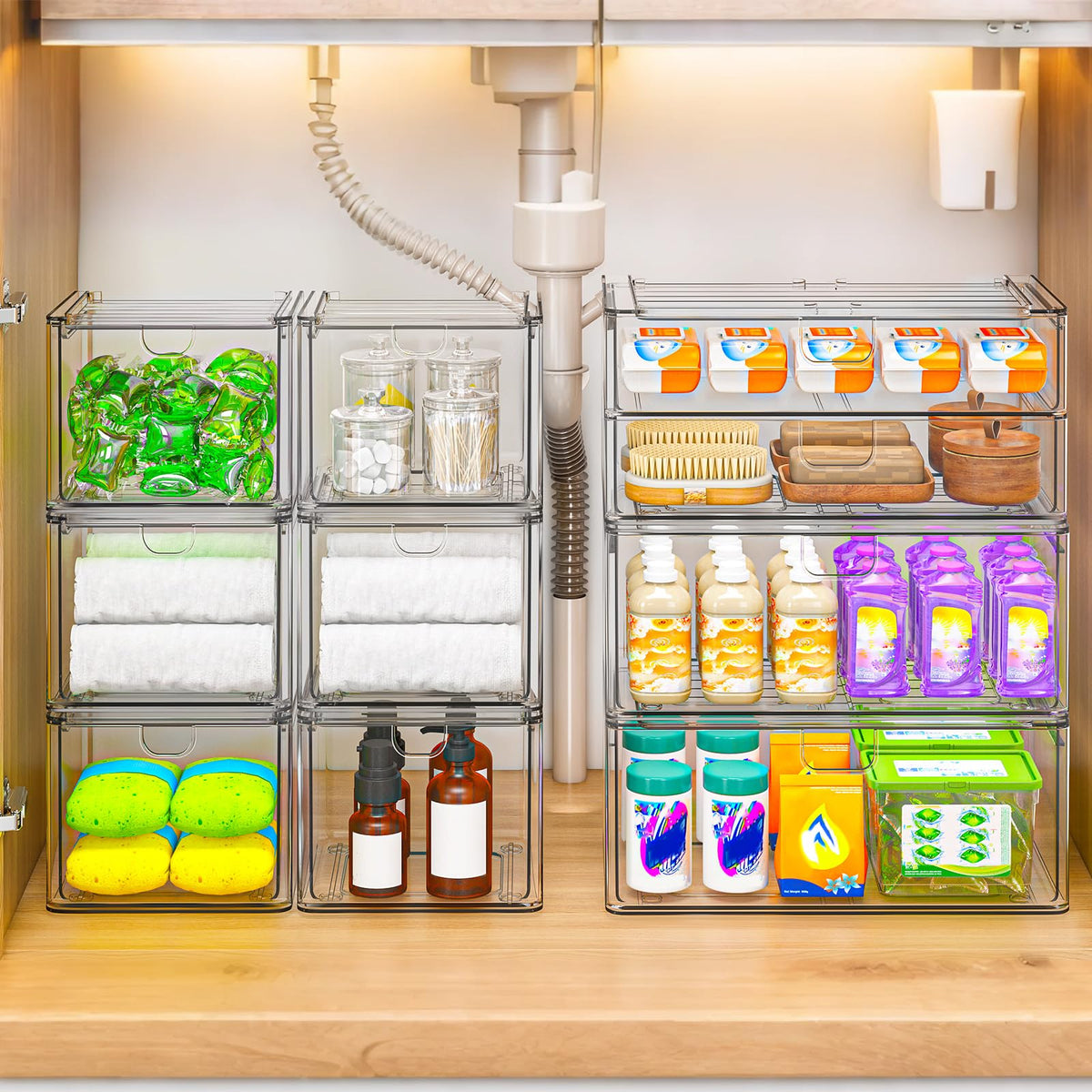 caktraie acrylic stackable drawers, medium side view, compact bathroom storage solution