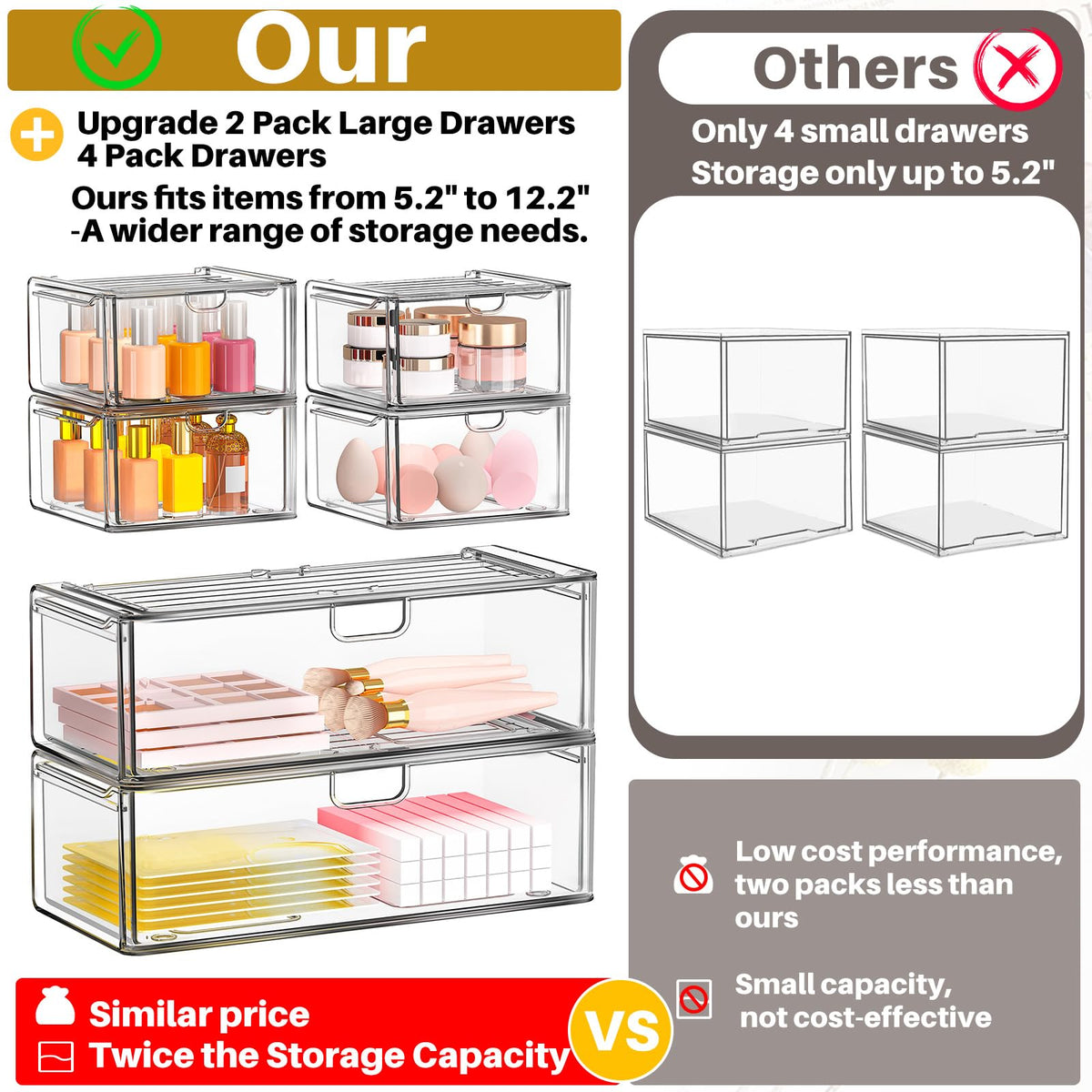 caktraie acrylic stackable drawers on pantry shelf for organized snacks