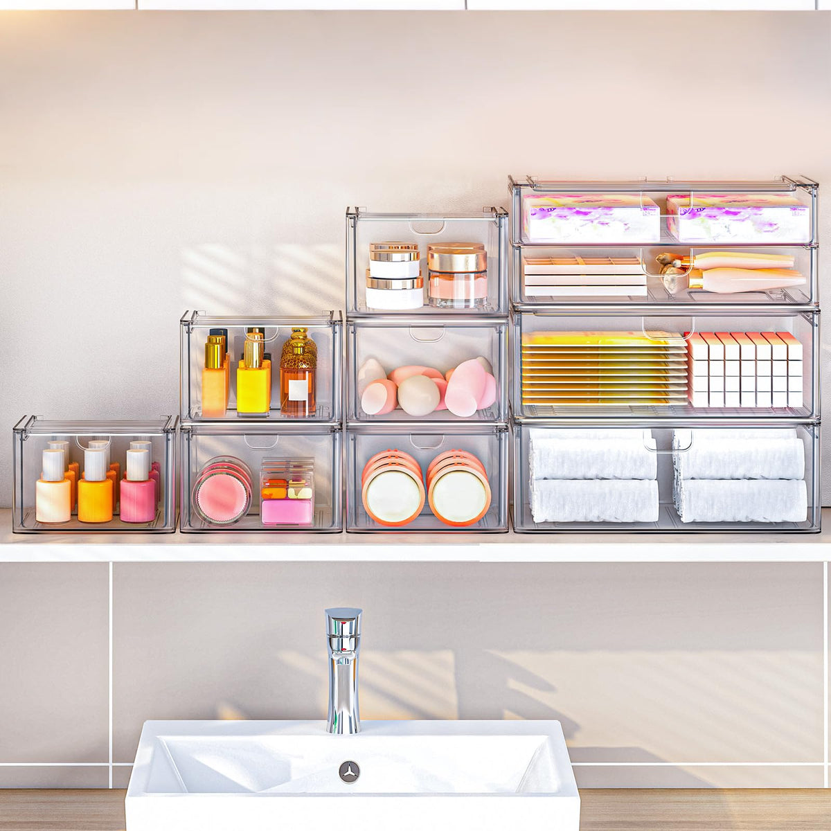 caktraie acrylic stackable drawers in vanity setup for daily cosmetics organized