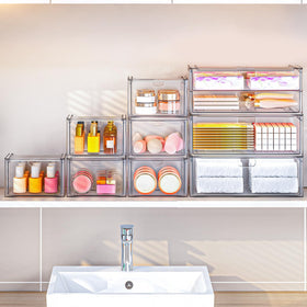 caktraie acrylic stackable drawers in vanity setup for daily cosmetics organized