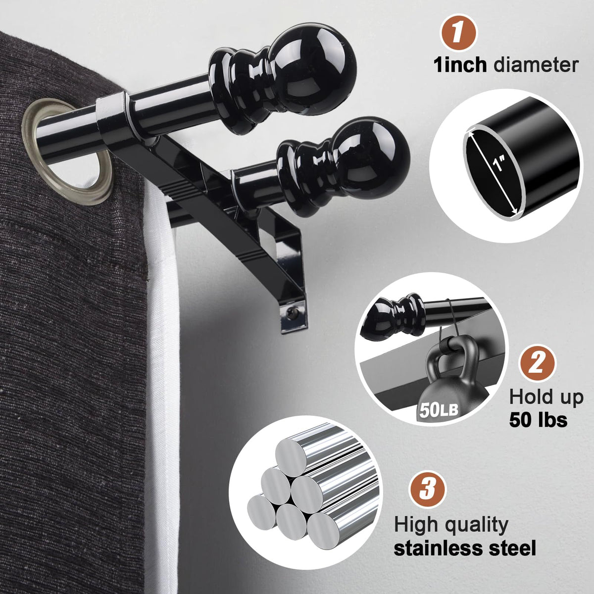 CALCHELE double curtain rod 1inch metal rod closeup showing sturdy construction