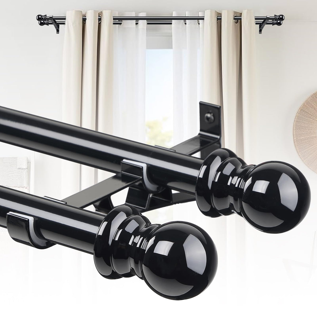 CALCHELE double curtain rod 28-42 inch black front view for versatile window treatments