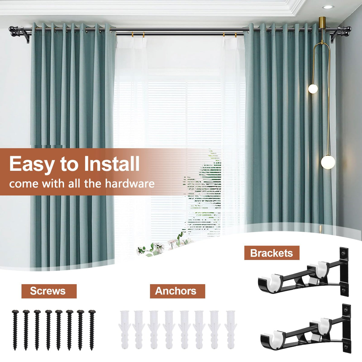 CALCHELE double curtain rod dual-rod design for sheer by day blackout by night