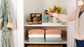 Caldrea Orange Blossom Bamboo on linen revives fabrics in bedrooms and cars