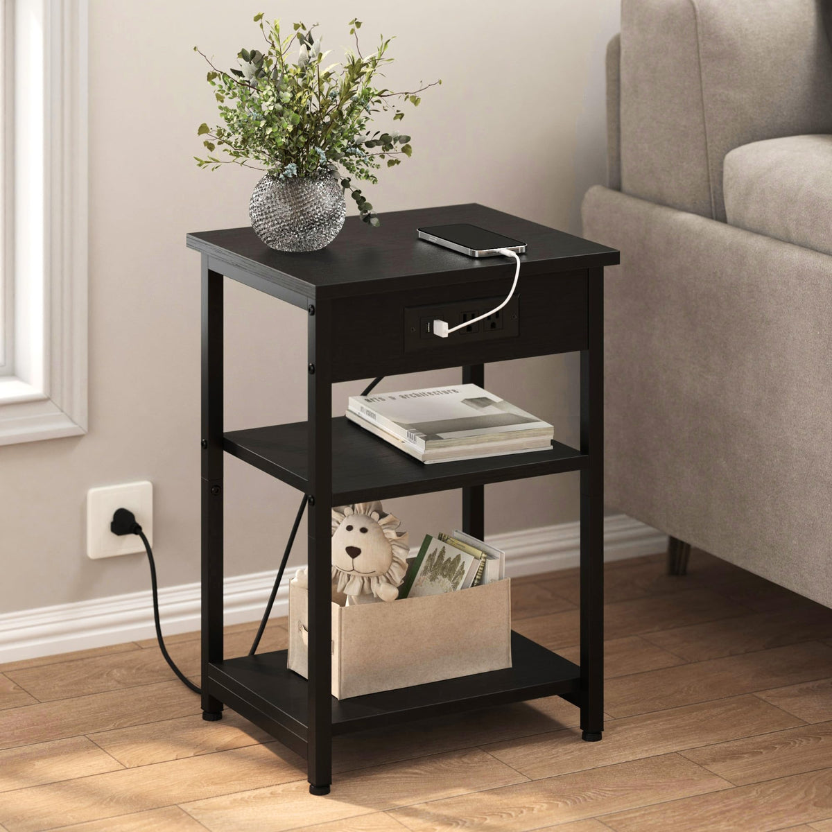 CALERTAIN end table with 3-tier storage shelves for compact organization.