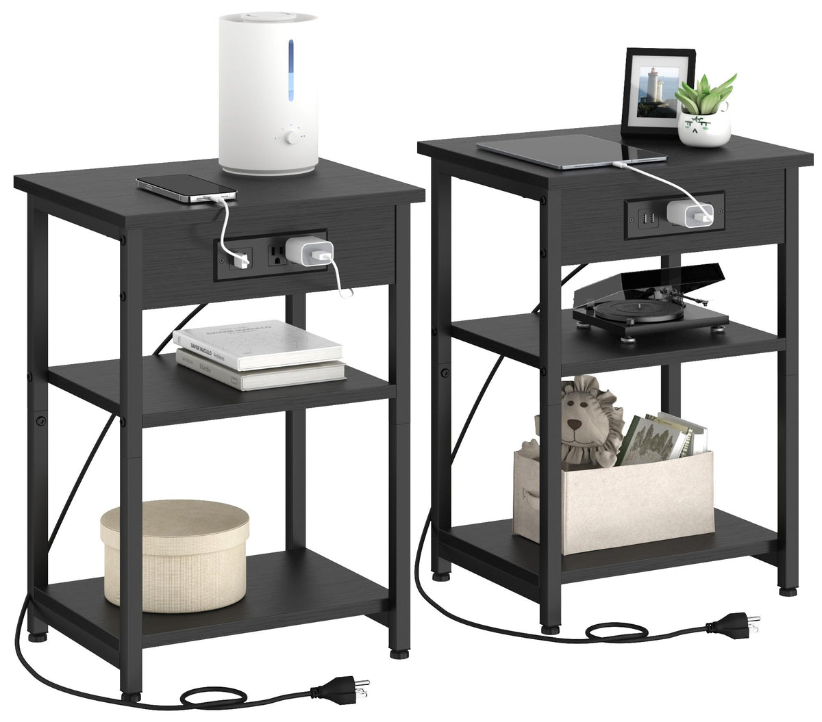 CALERTAIN end table with charging station and USB ports, ideal beside the bed for charging devices.