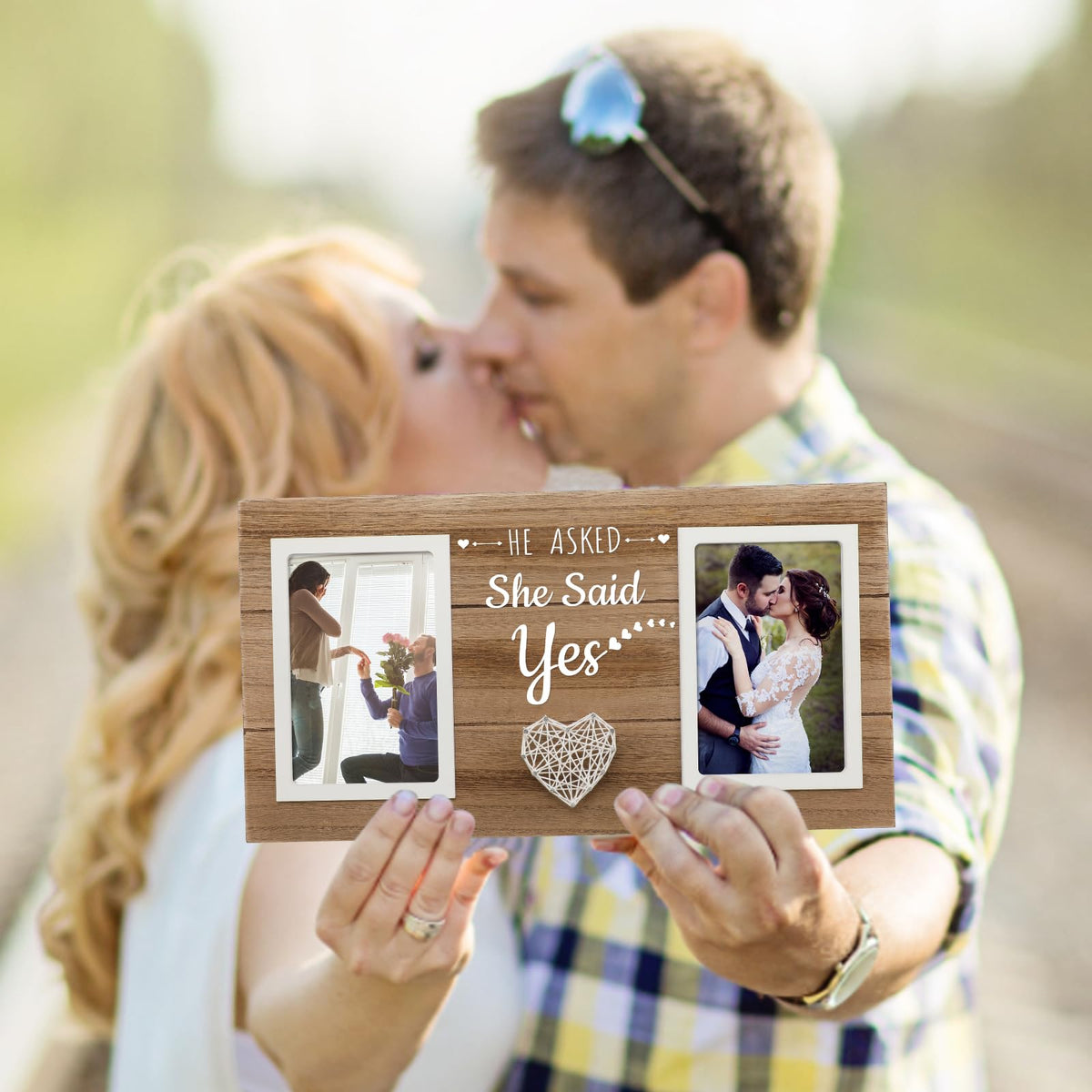 Calibron engagement frame with rope string art for stylish shelf or desk display.