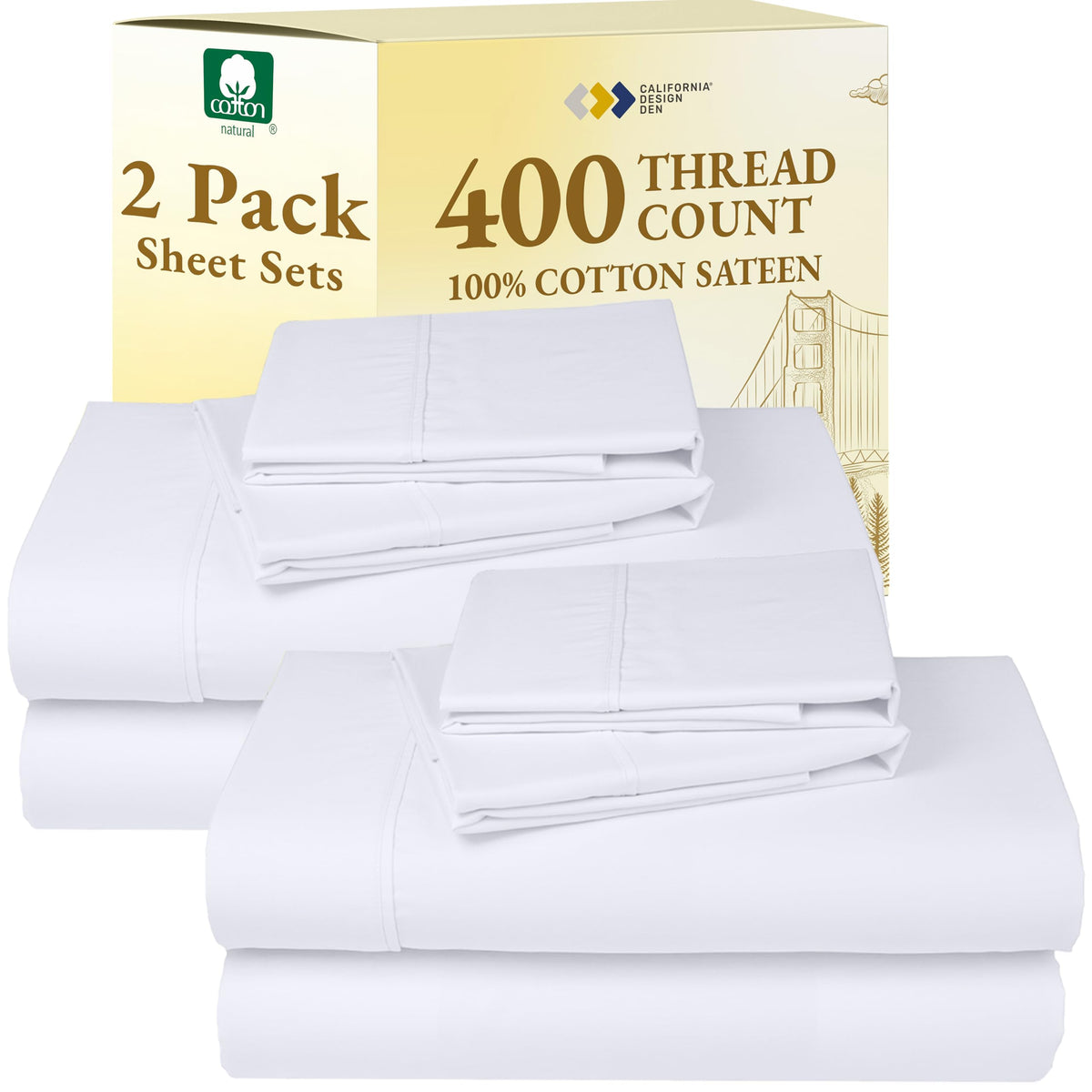 California Design Den 2-pack sheet packaging shows award-winning quality and easy care.