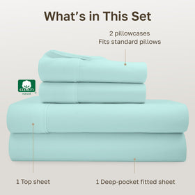 California Design Den 400-thread-count label close-up highlights premium cotton quality.