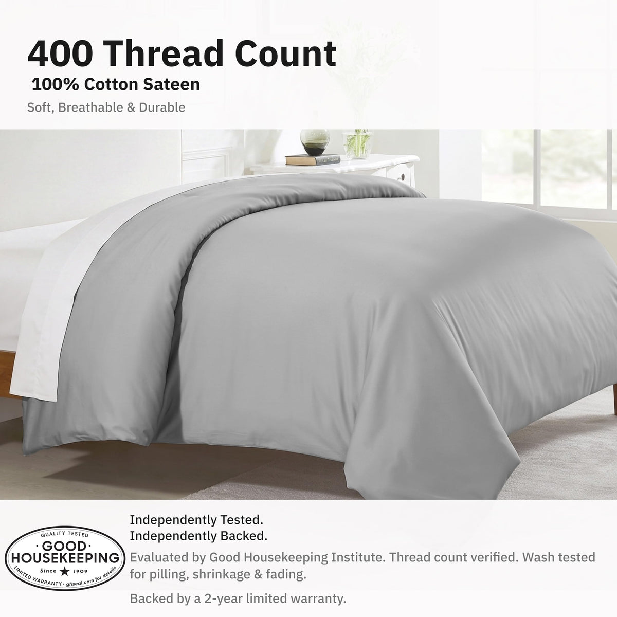 California Design Den 400 thread count cotton sateen texture for a luxury feel.