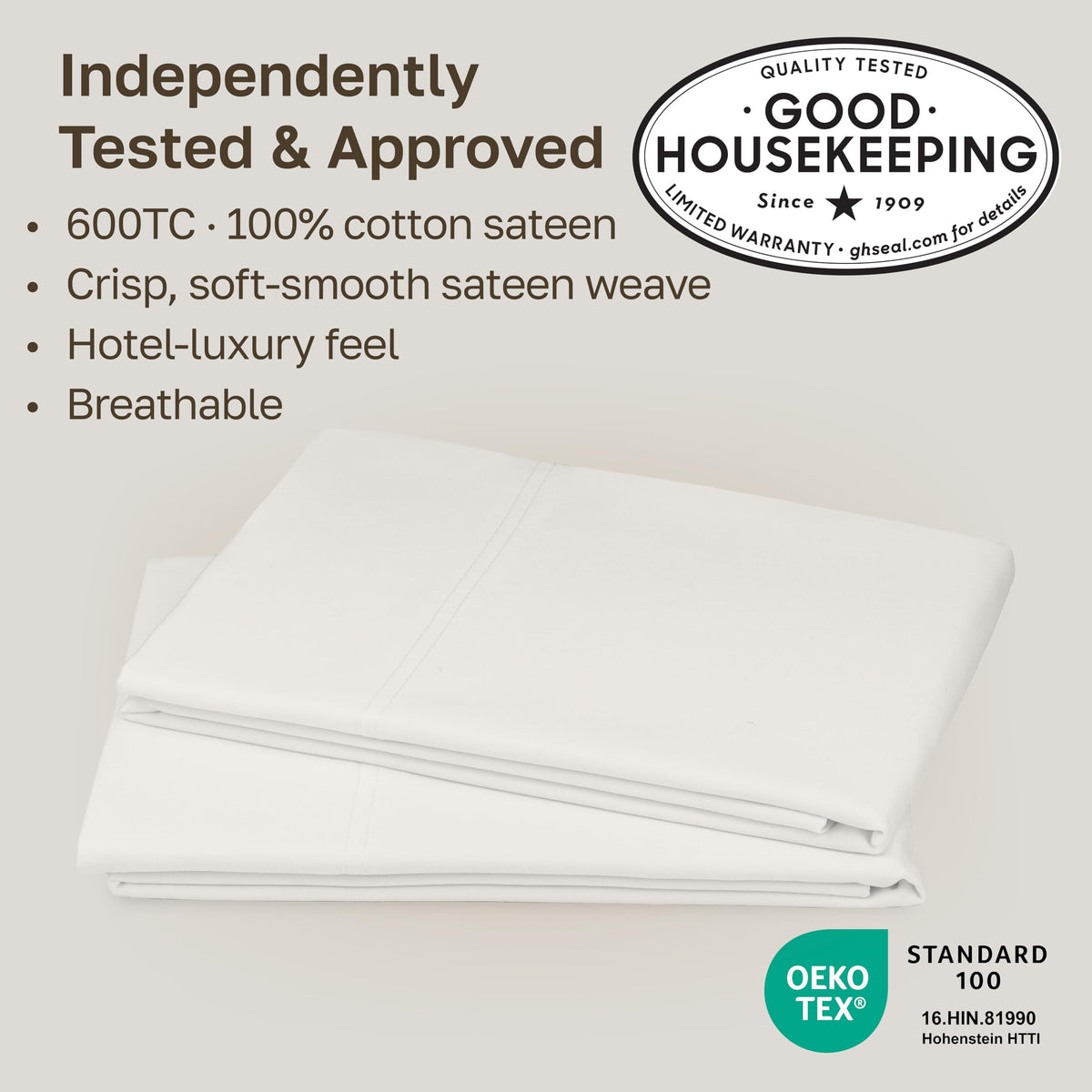 Close-up of 600-thread-count sateen fabric showing smooth, lustrous finish.
