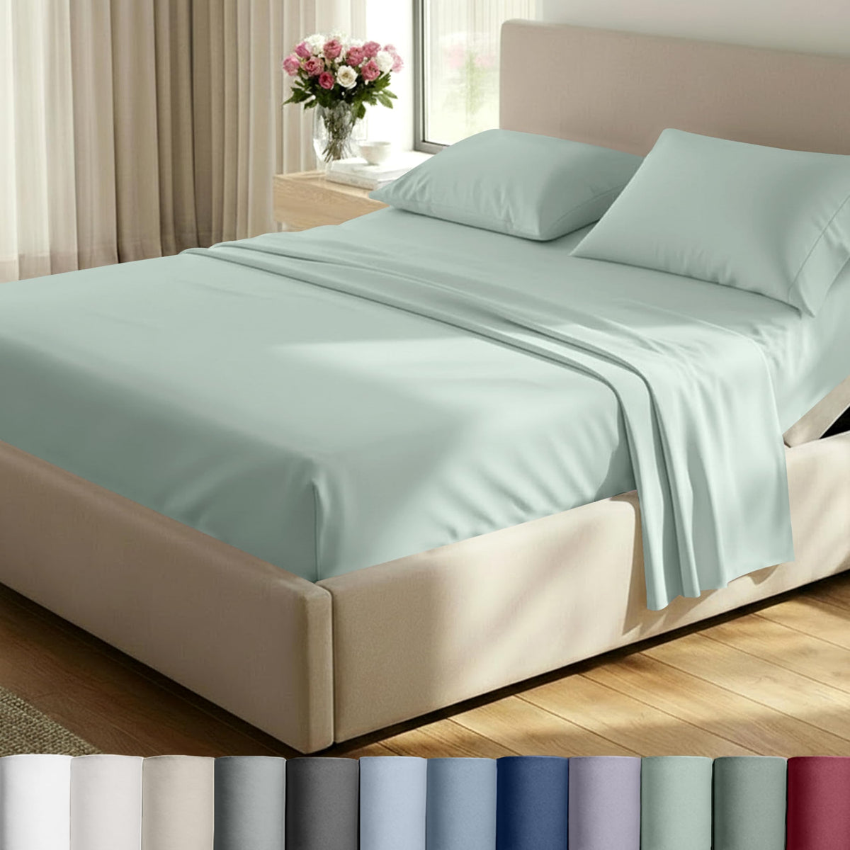 California Design Den top sheet in soft teal with a luxurious sateen finish
