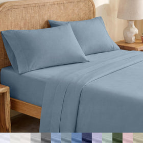 California Design Den blue hydrangea queen flat sheet shows crisp percale finish for warm nights