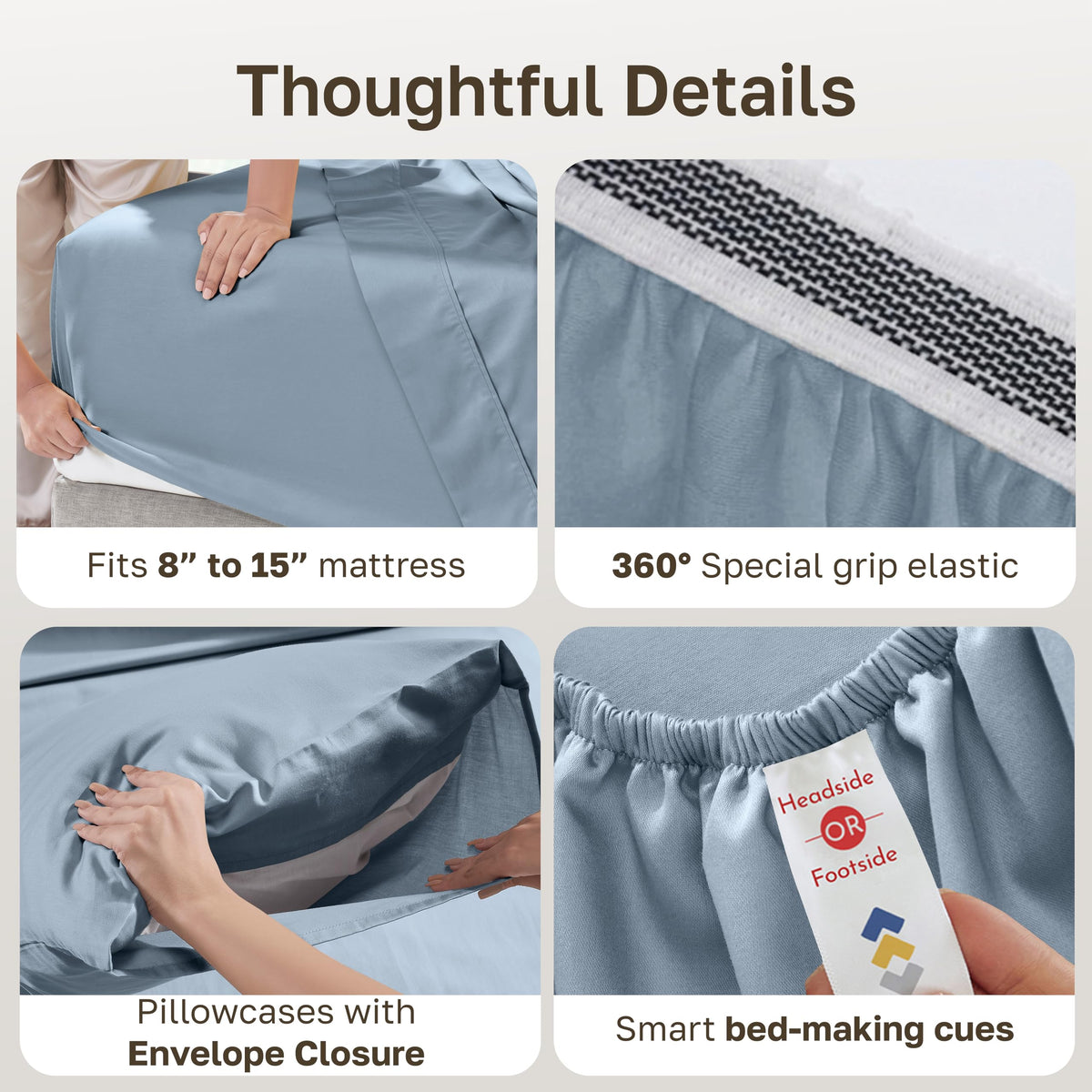 California Design Den blue hydrangea queen top sheet displaying easy care features