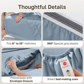 California Design Den blue hydrangea queen top sheet displaying easy care features