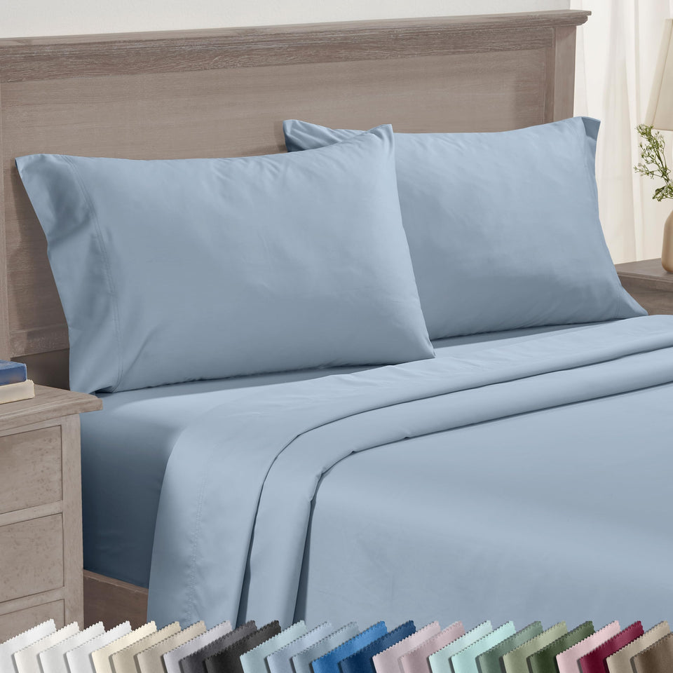 California Design Den blue pillowcase set on a bed creating a cohesive look