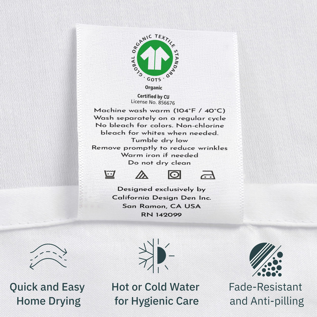 GOTS certified and Good Housekeeping Seal logos on California Design Den packaging.