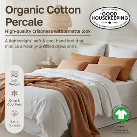 Close-up of blue stripe print on California Design Den percale sheets