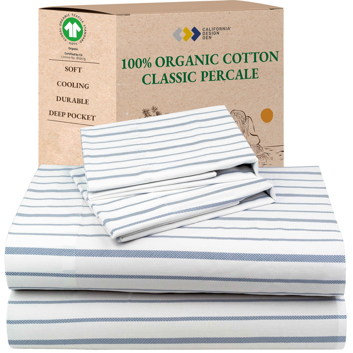California Design Den blue stripe printed sheet set on bed for crisp comfort