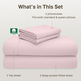 California Design Den blush pink sheet set adding soft color to bedroom