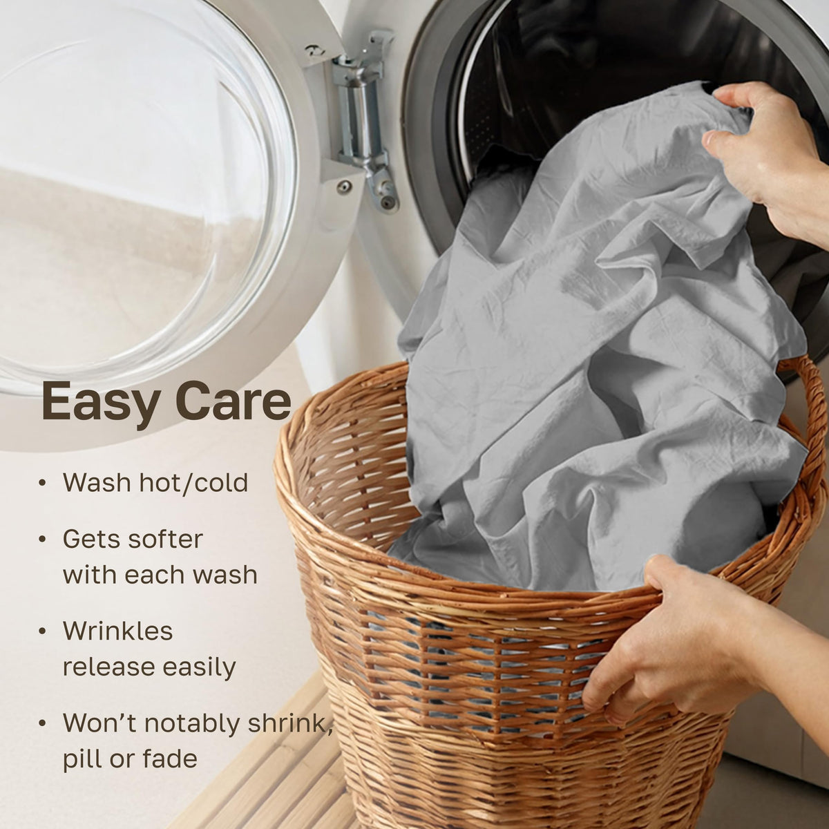 California Design Den care close-up; machine wash warm and tumble dry low.